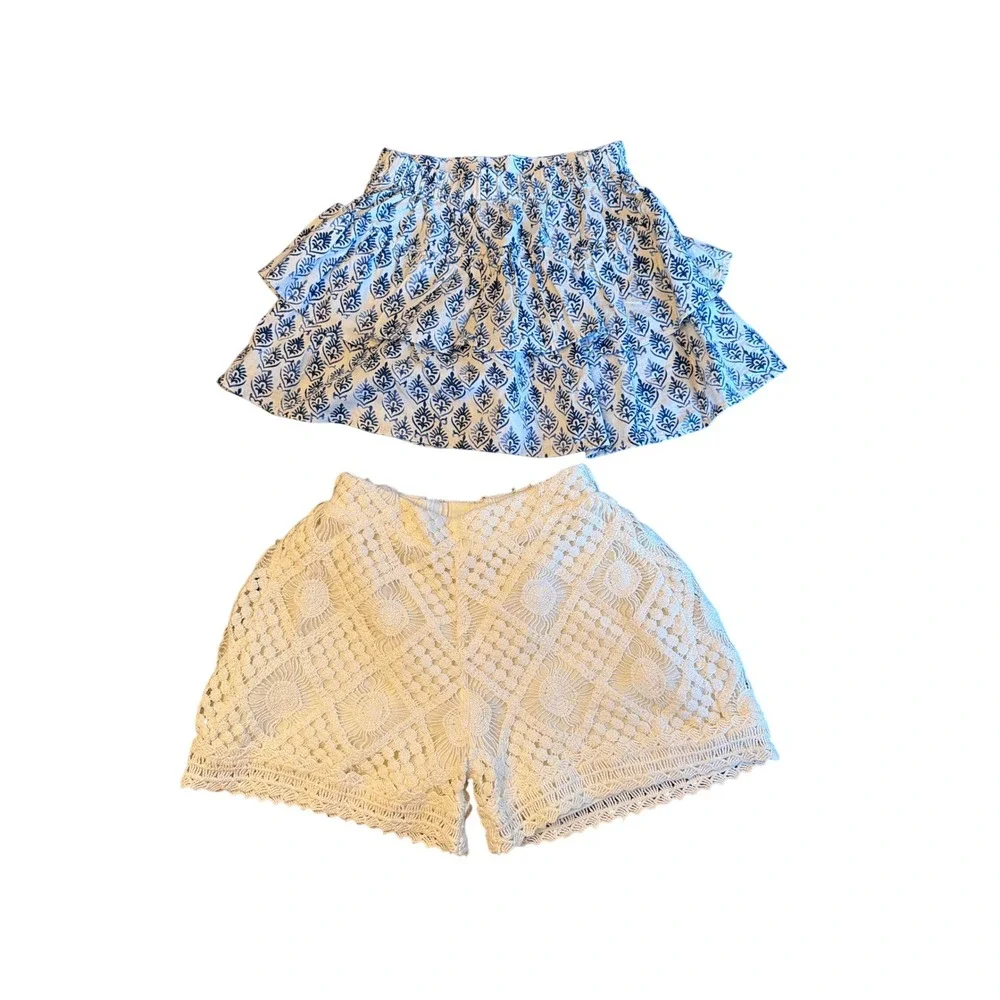 Zara Girls Set Blue White Leaf Ruffle Skirt Cream Crochet Lace Shorts Size 10